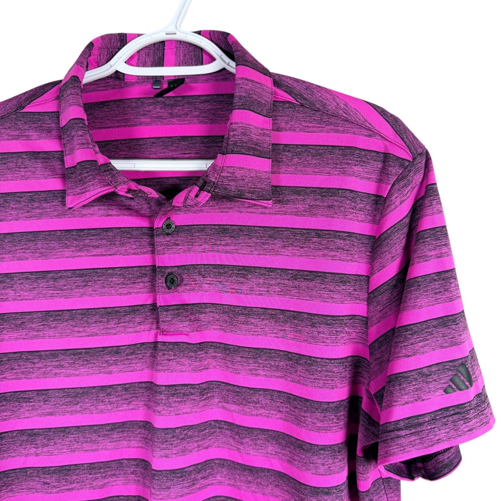 Adidas Polo Shirt Mens L Black Lucid Fuchsia Pink Striped S/S Golf‎ Performance